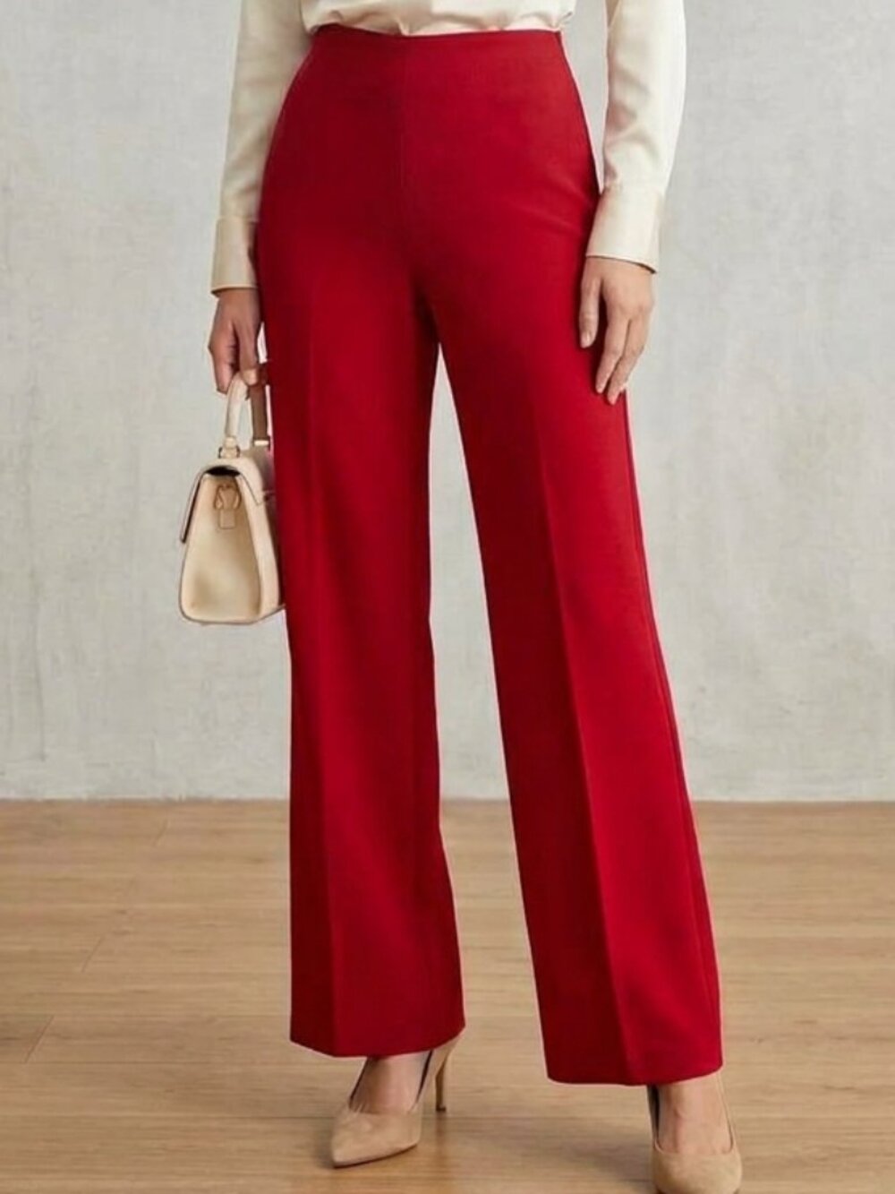 LOFT Red Flat-Front Wide-Leg Fully Lined Trousers - SIZE 4